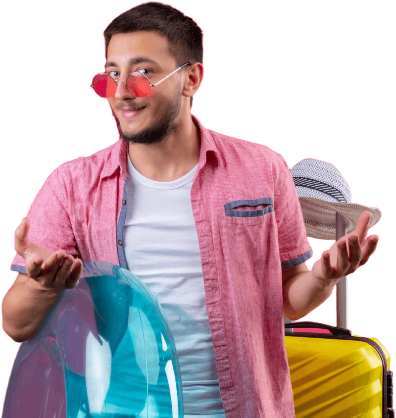 Hombre con maletas y vestido de playa